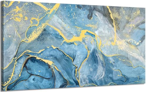 Nicetop Canvas Wall Art Abstract Seascape Painting Blue Ocean Beach Theme Print Black and Yellow Fluid Texture Coastal Picture Sea Wave Natural Landscape Modern Artwork for Home Bedroom 20x40inch