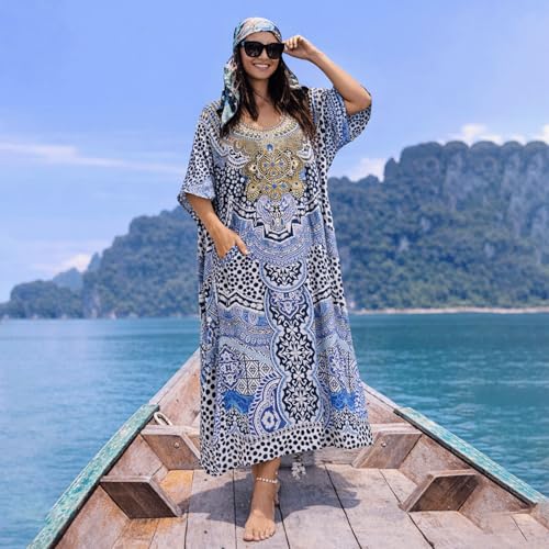 Image of Miss Lavish London Kaftan for Women Dress V Neck Summer Swimsuit Cover Up Blue Caftan Maxi Beach Dress, Plus Size African Kaftan with Batwing Sleeves, Side Slit & Pockets on Both Sides-Blue-2XL