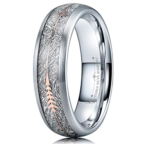 THREE KEYS JEWELRY Men Wedding Hunting 6mm Bands Tungsten Viking Carbide Meteorite Arrow Ring with Jewels Brushed Infinity Unique for Him Silver Size 11