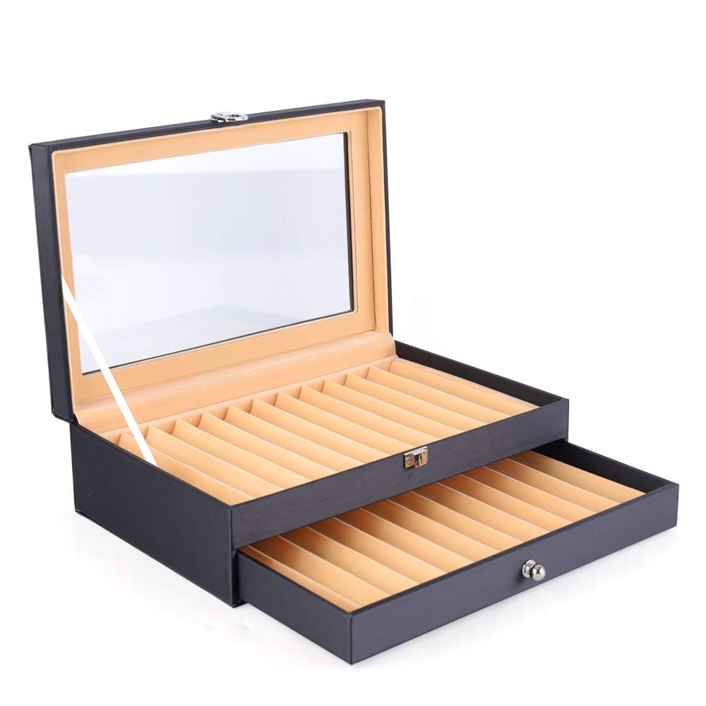 24 plumas estilográficas para exhibición, caja expositora, pluma estilográfica de piel sintética, caja de visualización con cajones, soporte para bolígrafos, caja organizadora con ventana de