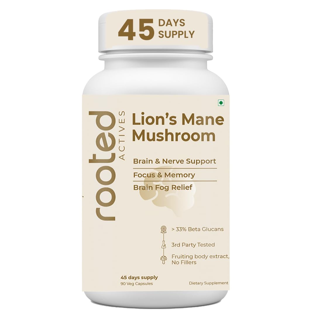 ROOTED Organic Lions Mane Mushroom Extract Capsules, 38% Beta Glucan, 90 Counts, Herbal Supplement, Capsule Form, Brain & Nervous System Support