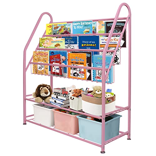 Image of aboxoo Metal Kids Bookshelf Pink Bookcase Freestanding for Children Girls Room 32 inches Large Toddler Pink Stable Bookcase Bookstore Library Book Unit Storage