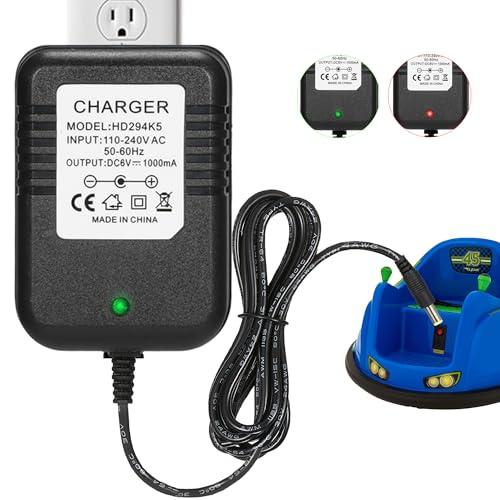 6 Volt Charger for Flybar/Kidzone Bumper Car?Replacement Chargers for Kids Ride On Car Toys?6V Battery Charger for Ride on with Charging Indicator Light,Input: AC110-240V,Output: 6V 1A