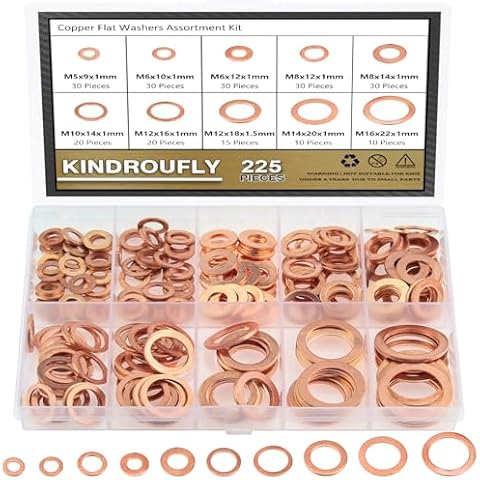 225 Pieces Copper Metric Flat Washers, Sealing Washers, Kindroufly 10 Sizes Copper Washers, Metal Washers Assortment Kit (M5 M6 M8 M10 M12 M14 M16) Cover