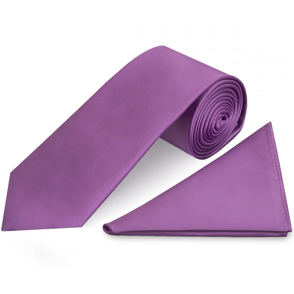 Ties R Us Men's Cadbury Purple Plain Cadburys Purple Satin Classic Tie And Pocket Square Set