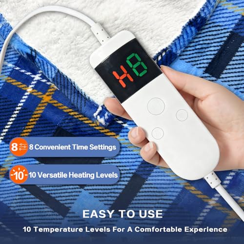 Image of Heated Blanket Electric Throw, Soft Flannel Heating Blanket with 8 Hours Auto Off 10 Fast Heating Levels Machine Washable Sherpa Heated Blanket with Overheating Protection