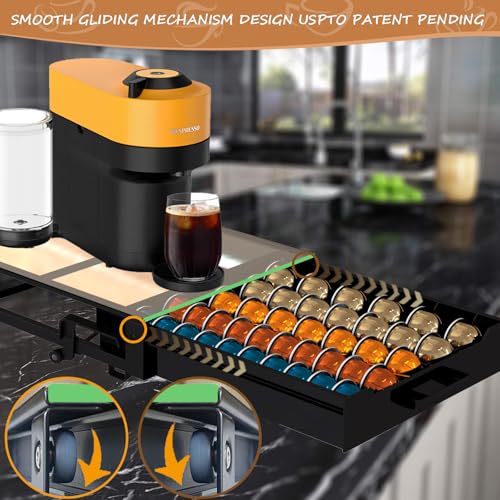 Coffee Pod Rolling Drawer Organizer with Crystal Clear Tempered Glass Topboard, Compatible for 75 Small or 50 Big Nespresso Vertuo Pods