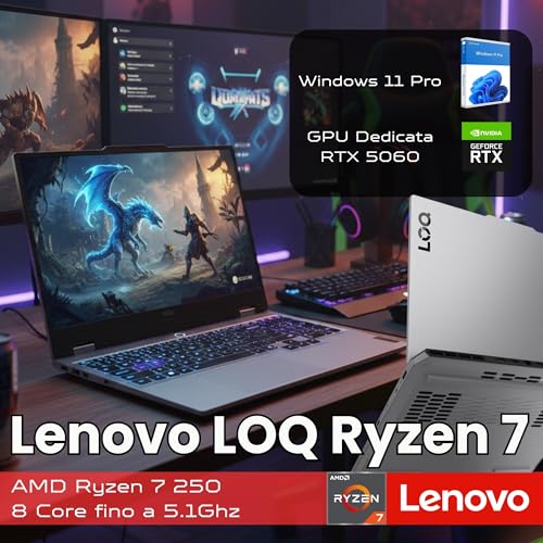 Image of Lenovo LOQ Gaming Laptop, 15.6 inch FHD (1920 x 1080), AMD Ryzen 7 250, NVIDIA GeForce RTX 5060, 32GB DDR5 RAM, 1TB PCIe M.2 SSD, Bundle with Laptop Cooler BDL, Wi-Fi 6, Windows 11 Pro, Grey