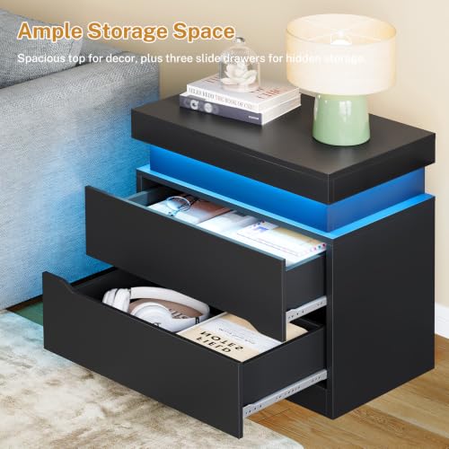 Image of TEENFON Nightstands Set of 2, Night Stand with 2 Drawers, Nightstand with App-Controlled Adjustable LED Light, Bedside Table with Slidable Hidden Storage Space, Modern Nightstands for Bedroom,Black