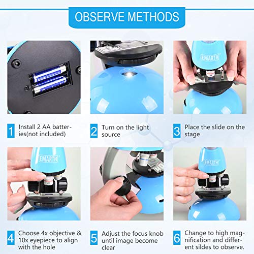Emarth Microscope, Kids Microscope 40X- 640X with Science Kits Beginners Microscope Includes 25 Slides for Student Children-Blue