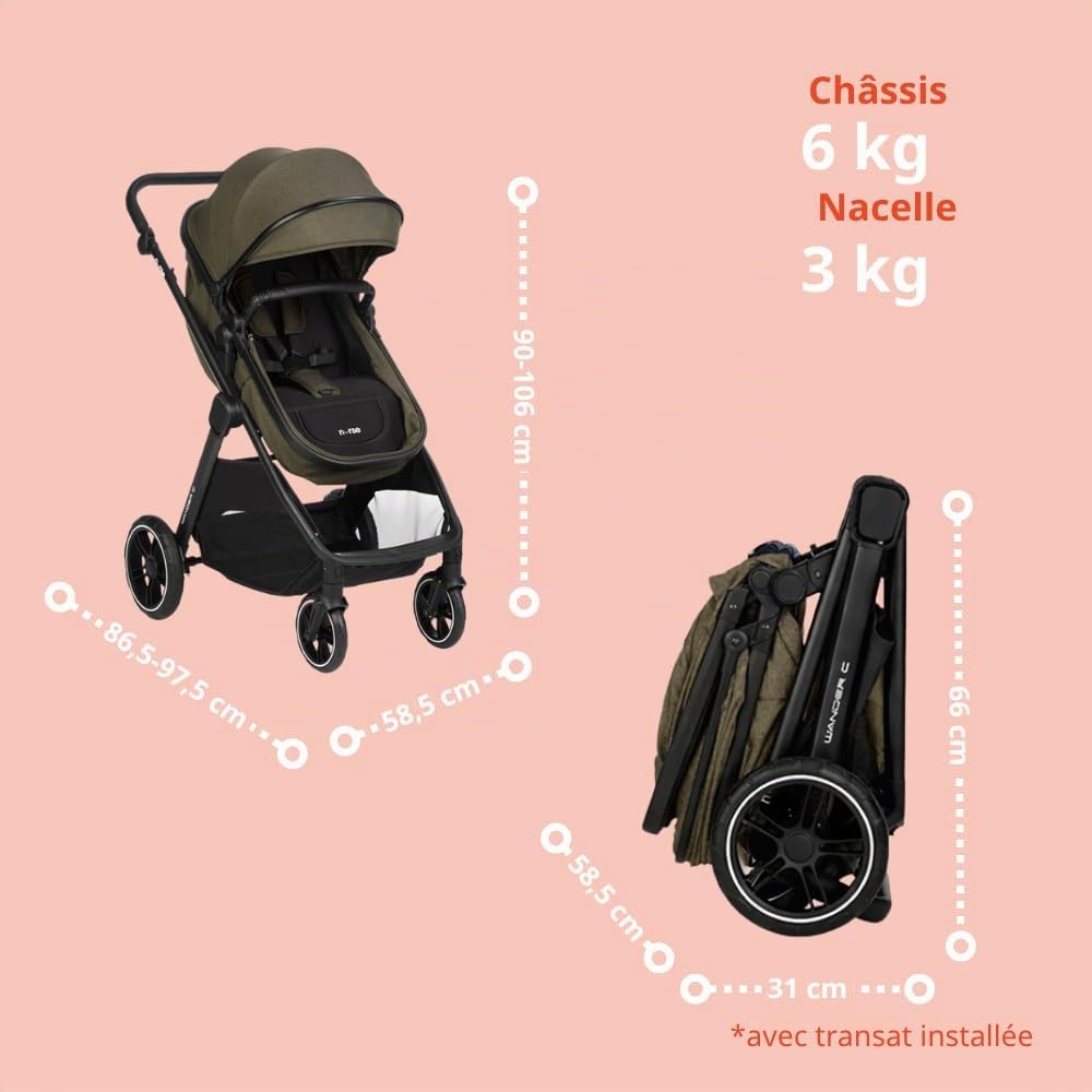 Nurse Wander C Trio Poussette Bébé 3 en 1, Nacelle Convertible en Hamac et Siège Auto i-Size, Pliage Compact, avec Accessoires, Vert