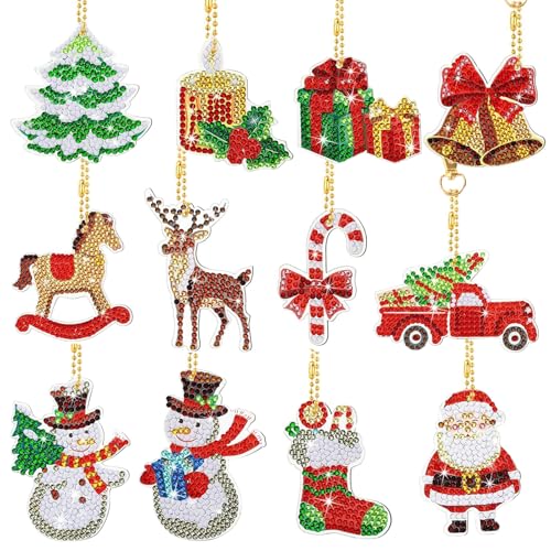 DELAESI 5D Diamond Painting Weihnachten 12 Set Diamond Painting Anhänger Kinder Weihnachts Schlüsselanhänger mit Werkzeug Diamant Malerei Anhänger für Weihnachten Neujahr Partydekoration