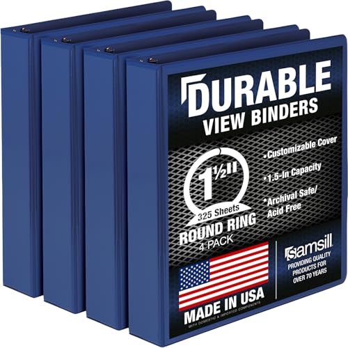 Samsill 4 Pack Durable 1.5 Inch 3 Ring Binders Round Ring Clear View Cover for Presentations Blue