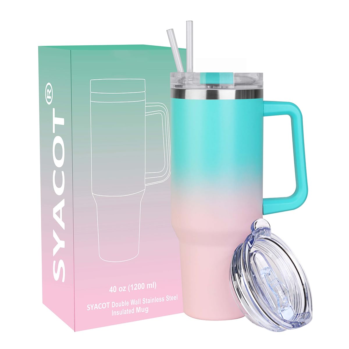 SYACOT 40 oz Tumbler with Handle and Straw Stainless Steel Insulated Tumbler Leak Proof Lid and Straw Lid Reusable Travel Mug Coffee Mug Cup Dishwasher Safe Keep Drinks Cold and Hot (Bubble Gum)