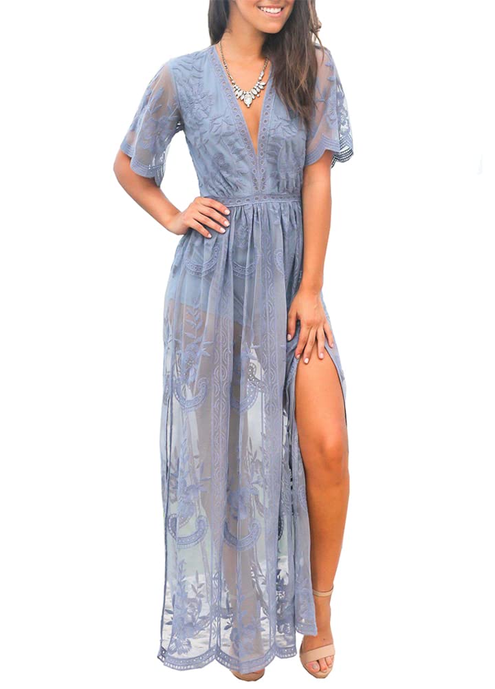 Eleter Women's Deep V-Neck Lace Romper Short Sleeve Long Dress