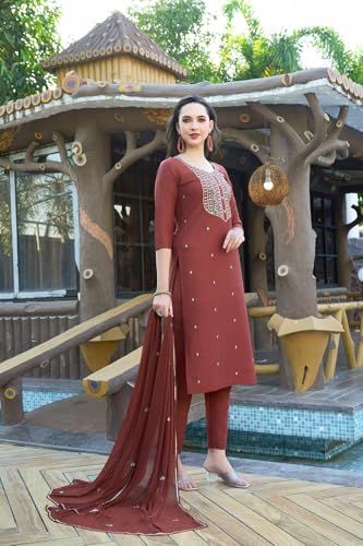 Image of GoSriKi Women's Cotton Blend Embroidered Kurta Set with Pant & Dupatta - Straight Calf‑Length, 3 /4 Sleeve, Round Neck - Elegant Ethnic Attire (5 Colors, S-5XL)