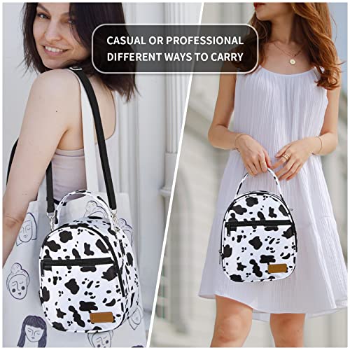 Joymee Lunch Box Insulated Lunch Bag Women Men Reusable Cooler Bag Adult Cute Lunch Tote Bags Organizer With Front Zipper Pocket,Adjustable Shoulder Strap For Work Office Picnic Travel,Cow Print White #TOP5