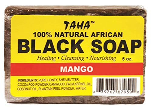 TAHA 100% Natural African Black Soap - Mango – 5 oz Pack of 4 – Raw Organic Soap for Blemishes, Acne, Dry Scalp – Rich in Vitamins & Antioxidants – Cleanse, Exfoliate & Moisturize