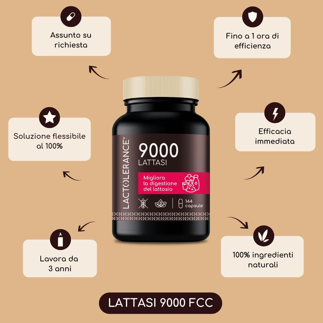 LACTOLERANCE 9000 Lattasi 9000 FCC, Enzimi Digestivi, 144 Capsule | Adatto in caso di intolleranza al lattosio severa. Contro gonfiore e pancia gonfia. Protezione 1h. Senza additivi.