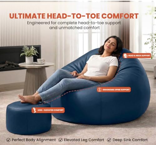 Image of Sattva Classic 4XL Sofa Style Bean Bag Chair with Beans Filled | Faux Leather Bin Bags Sofa Set with Footstool & Cushion for Adults | Beam Bag, Large Beanbags for Home & Office - Navy Blue