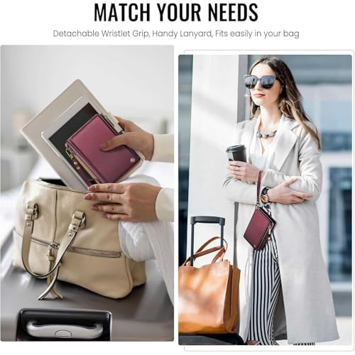 Image of Passport Wallet with AirTag Holder, RFID Blocking Passport Holder for Travel Family, PU Leather Document Organizer with 11 Card Slots & Wrist Strap, Wine