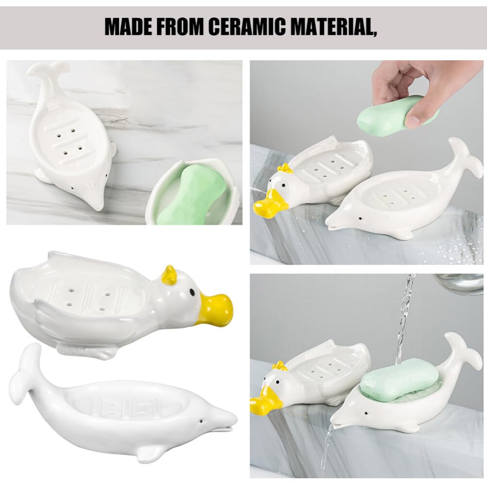 Jabonera Decorativa de Cerámica Forma de Mamífero Marino 2 Piezas | Blanco, Autodrenante para Baño y Ducha, también Sirve para Joyas y Esponja