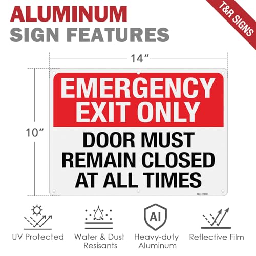 Image of T&R Large Emergency Exit Only Sign Door Must Remain Closed At All Times - 2 Pack - 14 x 10 Inches Rust Free .040 Aluminum Reflective - UV Protected, Waterproof, Weatherproof and Fade Resistant - 6 Pre-drilled Holes