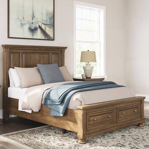 Image of Signature Design by Ashley Queen Panel Storage Bed Frame, Chestnut Brown | Poplar solids pine veneer and MDF substrate, 2 footboard drawers for space-saving storage, Glarrison Series