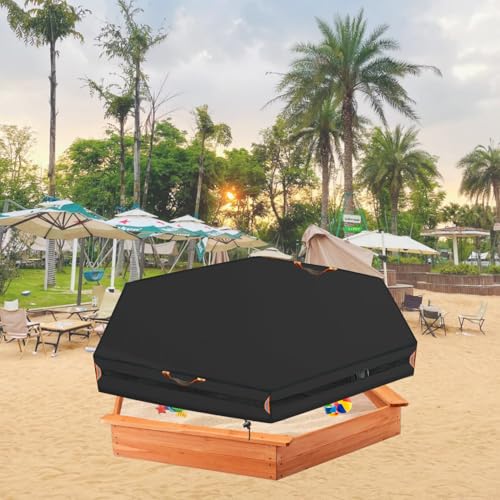 Image of Outdoor Hexagonal Sandbox Cover with Two Night-Vision Reflective Handles and 5-Meter Webbing Loops, Featuring an Elastic Drawstring at The Bottom. Suitable for sandboxes up to 60 inchL x 52 inchW x 9 inch H.