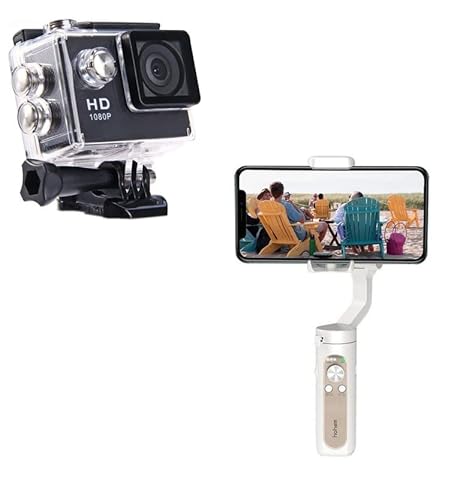 TechKing (COMBO PACK SPECIAL WITH 12 YEARS WARRANTY)1080p Sports Waterproof Action Camera, V2 Gimbal Stabilizer for Smartphone, 3-Axis Handheld Gesture Control Phone Gimbal, with Grip AI Face Tracking Adjustable Fill Light