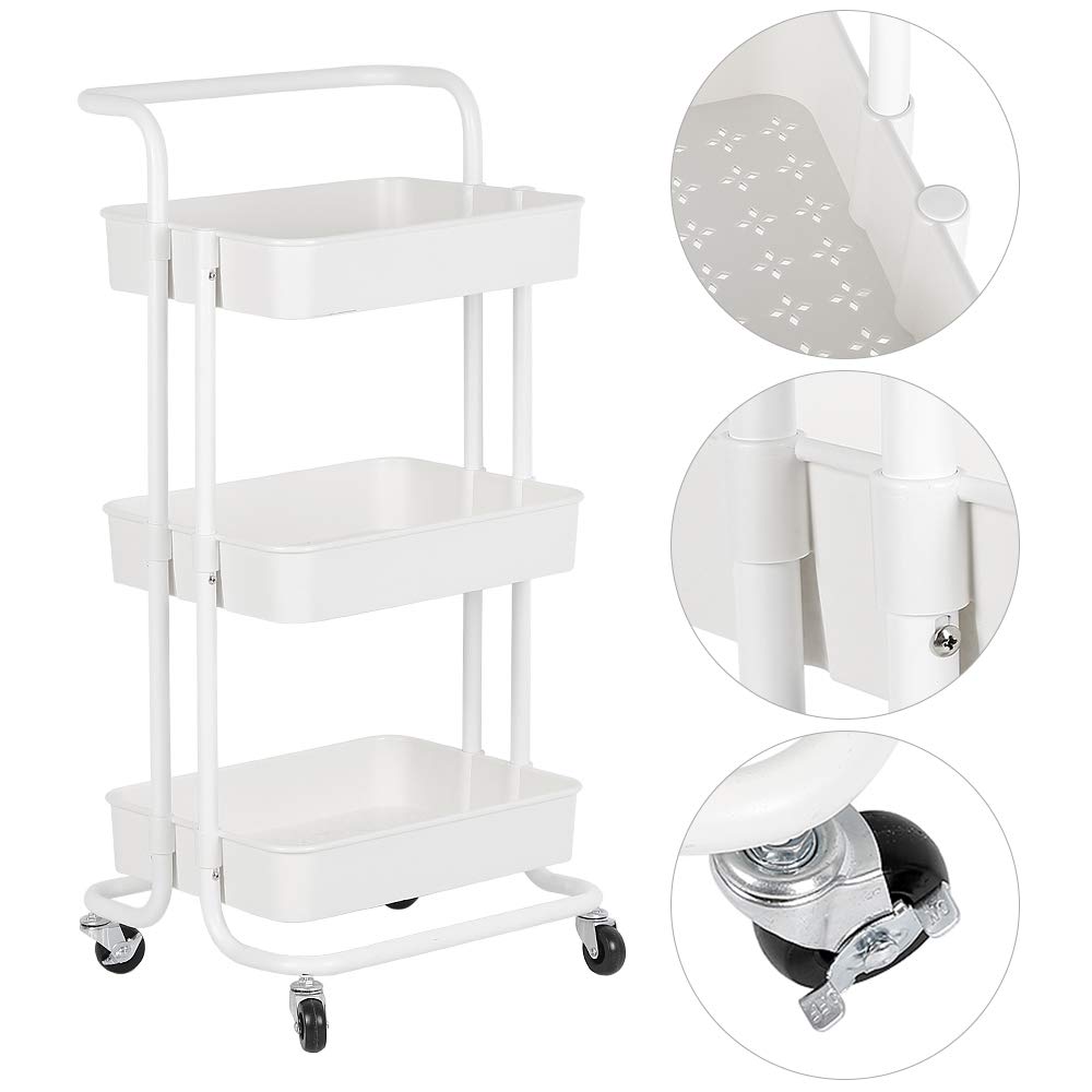 Cannoli Carro Auxiliar con Ruedas Carrito de Almacenamiento de 3 Niveles con Asa 3 Cajas Colgantes y 4 Ganchos para Salón Comedor Cocina Baño 43 * 36 * 86cm Blanco