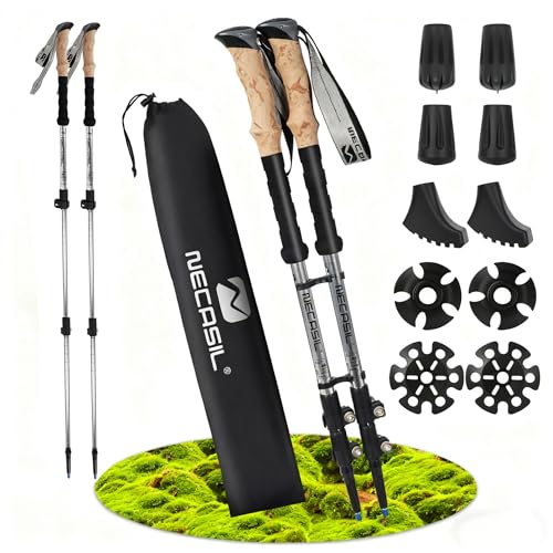 Nordic Walking Stöcke Aluminium Teleskop – Verstellbar & Faltbar 62–135 cm, Ultraleichte Trekkingstöcke für Damen & Herren mit Korkgriff & Zubehör-Set (2025 Upgrade)