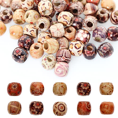 300pcs Mixed Painted Barrel Wood Spacer Beads BetterJonny 12mm Round Printed Pattern Drum Wood Loose Beads for DIY Making Bracelet Necklace Jewelry Hair Craft Project