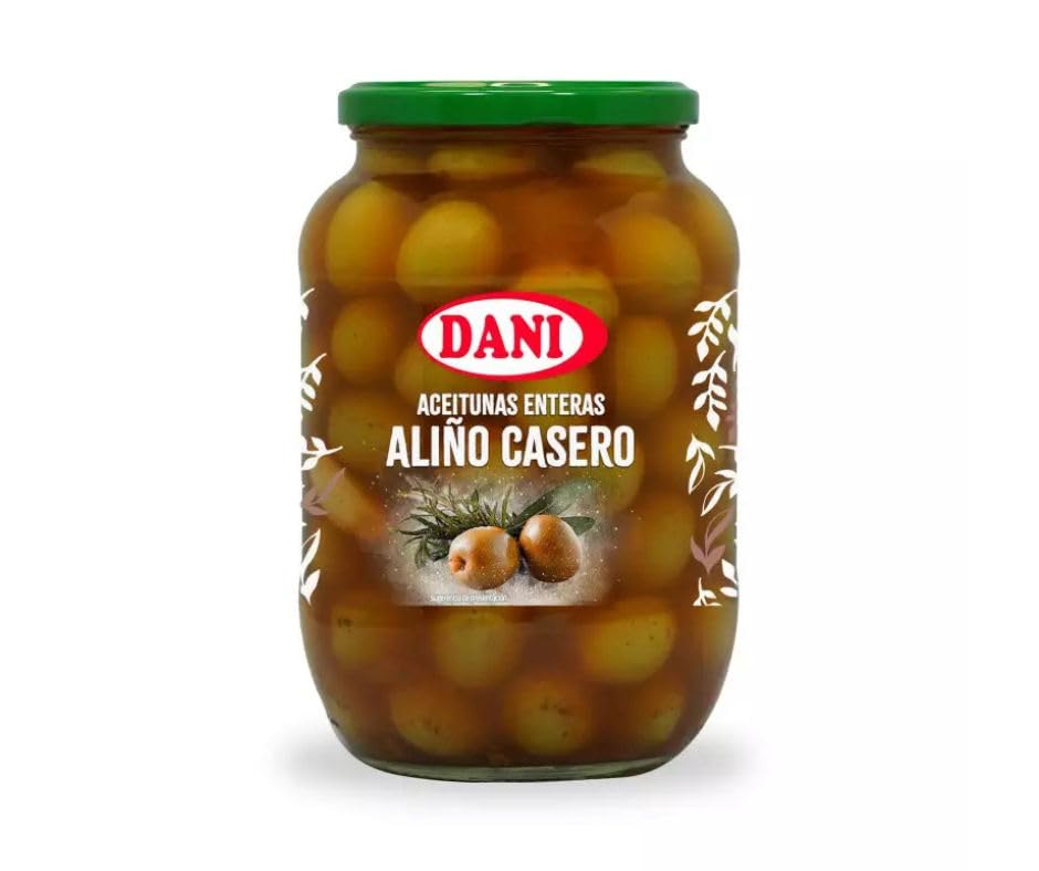 DANI Aceitunas Gourmet - Chupadedos, Aliño Casero, Olivicas y más - Sabor Tradicional 850ml + Regalos con 3 Und (2 Botes 850ml., Aceitunas aliño casero enteras)