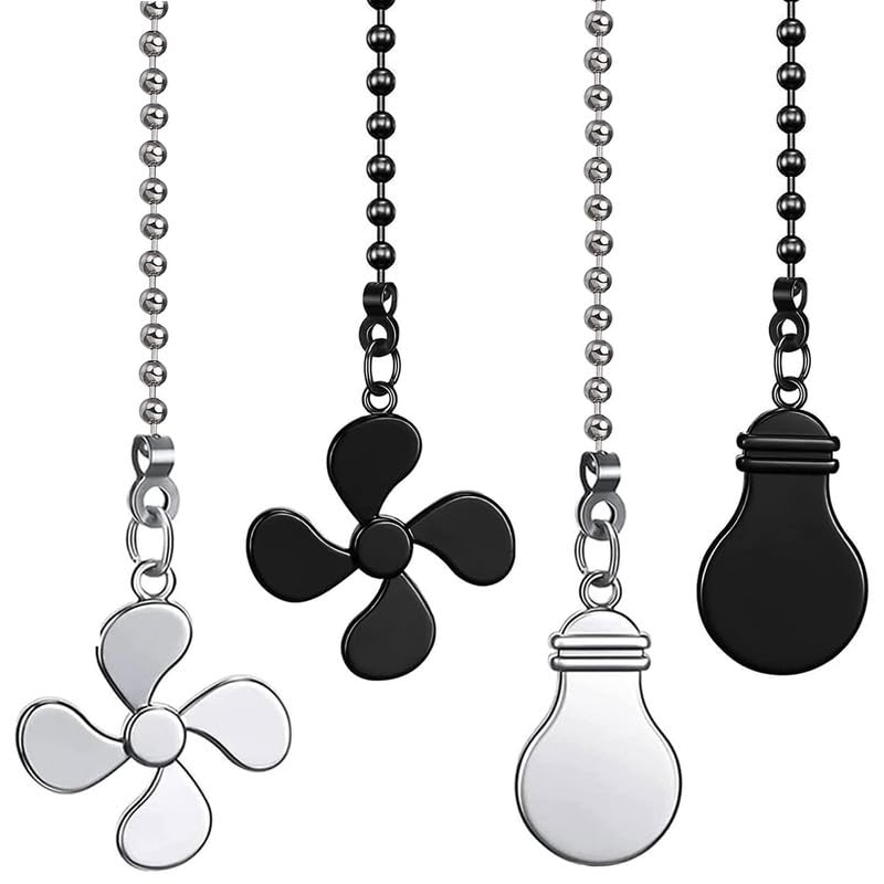 Image of 4pcs Ceiling Fan Chain Extender Light Pull Chain Set, 12 Inch Ornaments Extension Chains with Decorative Light Bulb and Fan Cord for Ceiling Light Lamp Fan Chain,Black and Silver