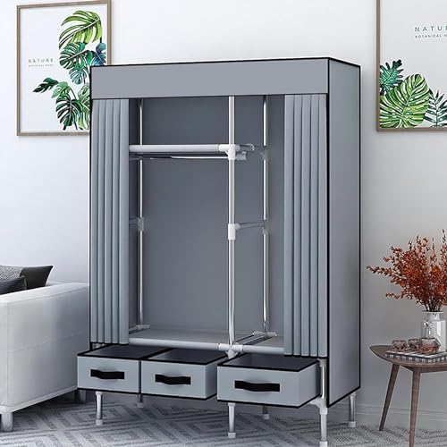 ワードローブ カバー付き 大容量 タンス 収納 クローゼットハンガーラック 洋服ダンス メタルラック 引き出し付き洋服ダンス カバー付き衣類ハンガー 洋服掛け 耐用 洋服収納 簡単組み立て式 防水 防塵 防汚 頑丈(グレー,105*45*170CM)
