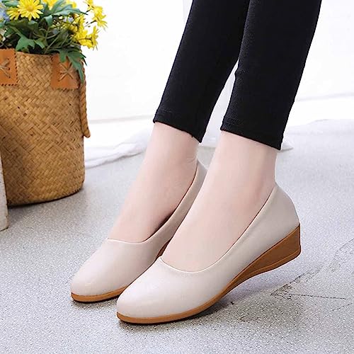 MSYINGL Women's Wedge Pumps,Leather Low Heeled Round Toe Wedge, Slip on Dress Pumps Shoes,Work Casual Walking Shoes 6