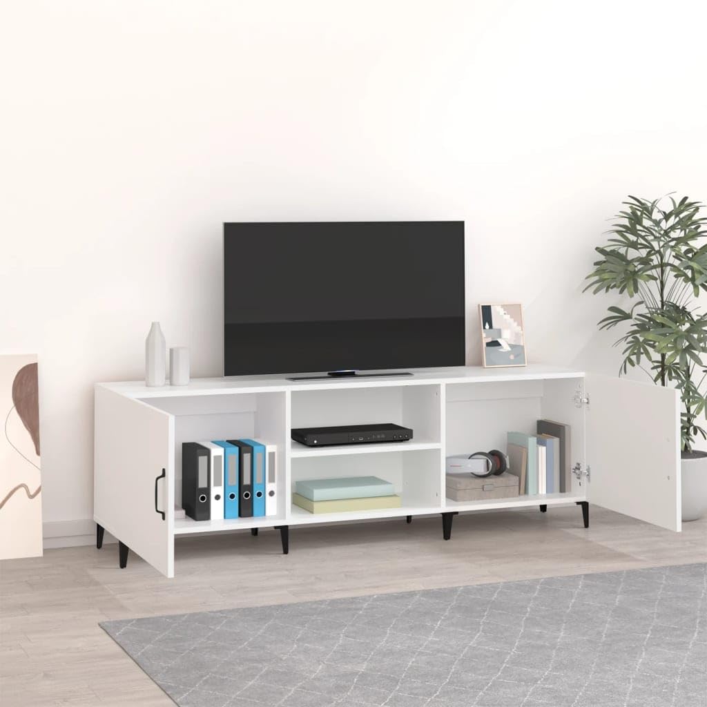 Szafka TV biała 150 x 30 x 50 cm, materiał drewnopochodny, konsola medialna do salonu, centrum rozrywki z miejscem do przechowywania, wytrzymała ławka TV