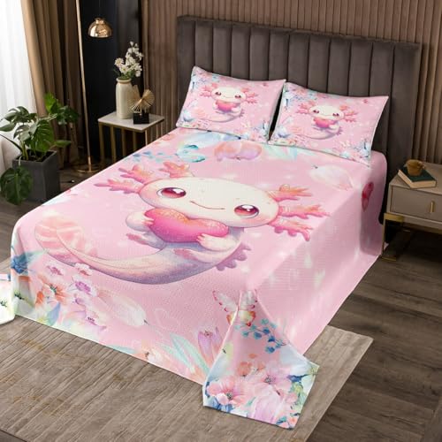 Feelyou Pink Cute Axolotl Bedspread Twin Size Kids Cartoon Salamander Coverlet Set for Boys Girls Flower Floral Print Quilted Coverlet Kawaii Reptile Animal Ocean Sealife Room Decor