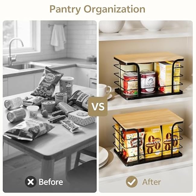 2 Pack Onion Storage,Stackable Pantry Organizers and Storage with PP Liner and Bamboo Top,Kitchen Organization Counter Basket for Fruits,Produce,Vegetable, Black