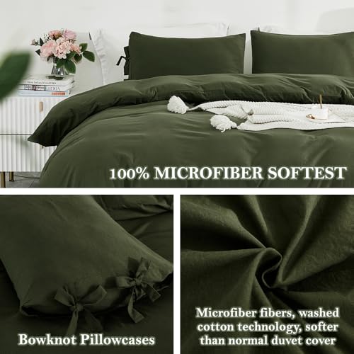 Image of annadaif Olive Green Duvet Cover King Size, 3 Pieces Duvet Cover Set | Soft Washed Comforter Cover ,Bowknot Bow Tie, (1 Duvet Cover 104x90 Inch, 2 Pillowcases) ,Easy Care Bedding Set