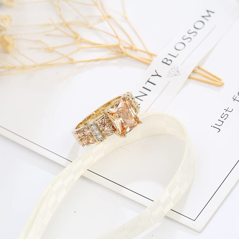 Women's Yellow Gold Plated Radiant Cut Created Morganite CZ Cubic Zirconia Pave Filled Statement Rings Wedding Engagement Proposal Band for Mom, 7#, 10-Champagne4