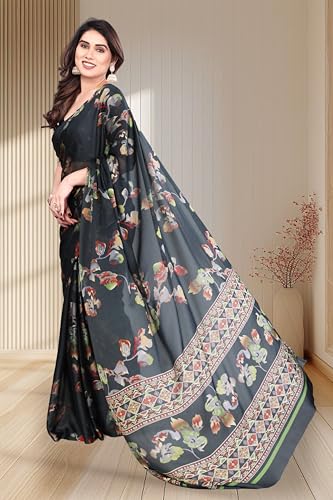 Image of SUPERLAXMI Women's Chiffon Floral Printed Saree with Blouse Piece