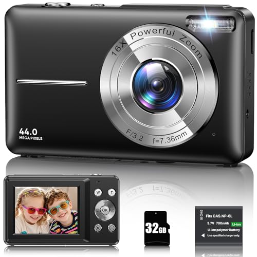 Digitalkamera 1080P 44MP Fotokamera 16X Digitalzoom Kamera, Vlogging Fotoapparat Kompaktkamera mit 2,4' LCD Bildschirm, 32G Micro Speicherkarte, 1 Akku für Kinder Teenager Studenten Anfänger-Schwarz