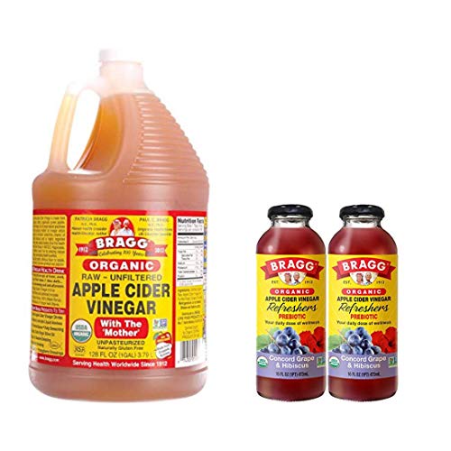Bragg Organic Apple Cider Vinegar With the Mother 128 ounce and Bragg Organic Concord Hibiscus Vinegar Drink 16 Oz Pack of 2 Bundle