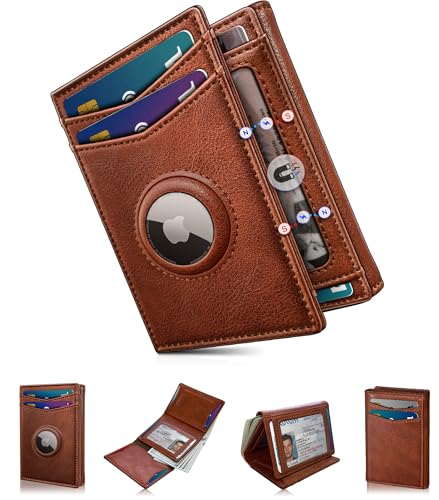 Airtag Wallet for Men,with Cash Pocket 2 ID Window 14-16 Cards Magnetic Closure Slim Trifold Leather Wallet 4.0