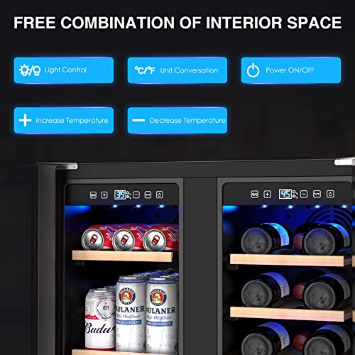 Wine and Beverage Refrigerator, 24 Inch Dual Zone Wine Fridge with Two Safety Locks, Under Counter Wine Cooler Fridge Built-In or Freestanding, Holds 20 Bottles and 57 Cans (Double Glass Door)