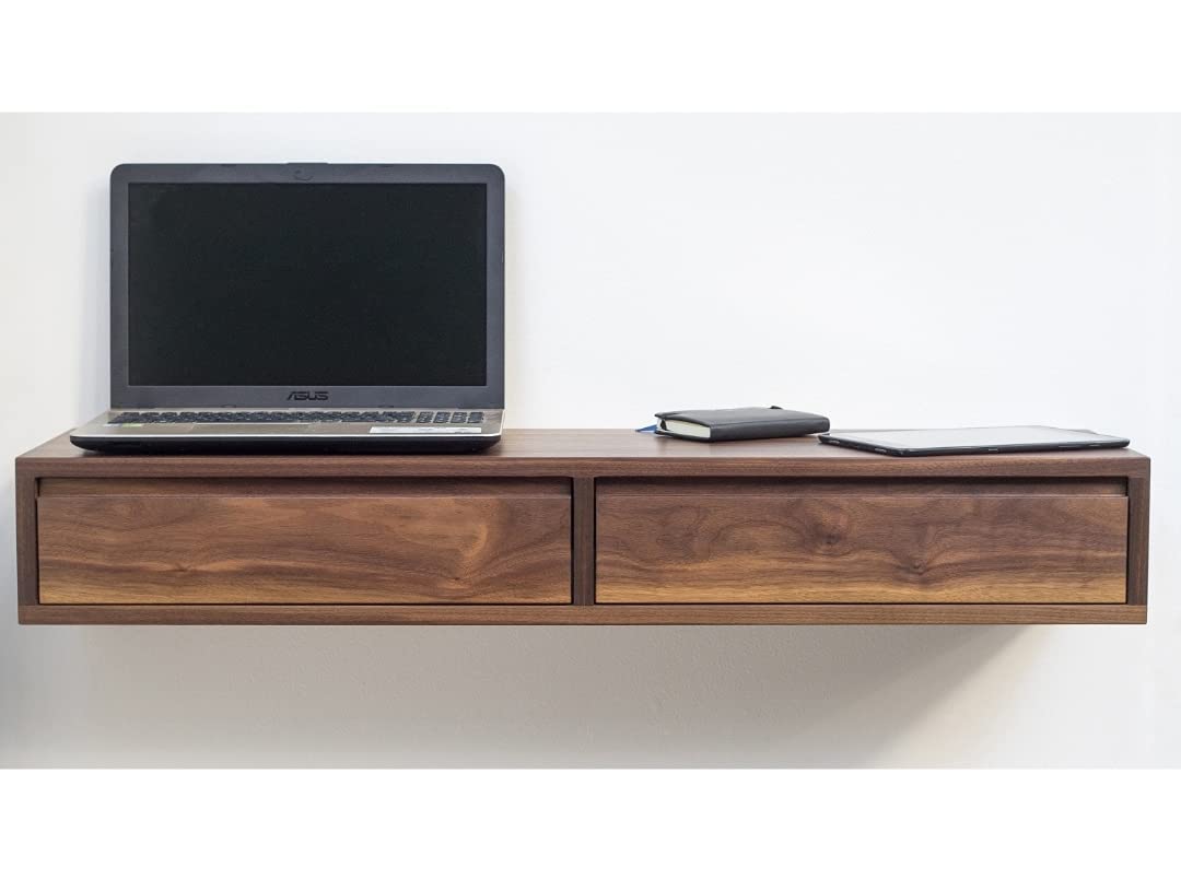 Solid sheesham Wood Floating Study Table with 2 Drawers Storage for Students Laptop Office Desk Wooden Wall Mount Storage Workstation Writing Tables for Study Room Furniture - Natural Finish-image-12