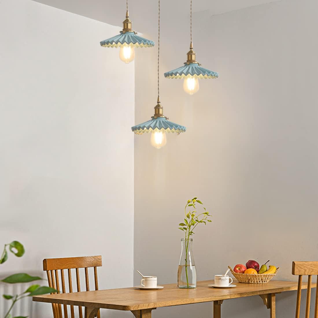 Modern Minimalist Pendant Lamp Ceramic Pendant Light Blue Glass Lampshade Brass Finish Nordic Vintage Style Ceramics Hanging Light for Kitchen Sink Living Dining Room Bedside Bedroom