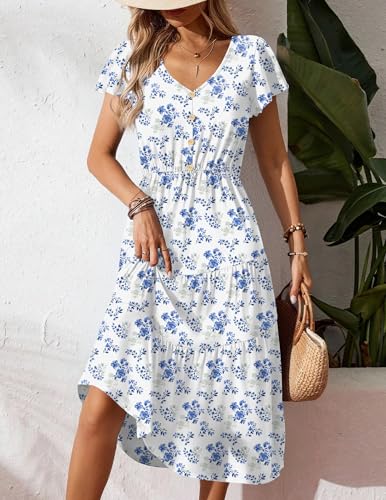 Image of Zeagoo Women's Summer Casual Dress Flutter Short Sleeve V Neck Button Down Tiered Flowy Long Dress with Pockets